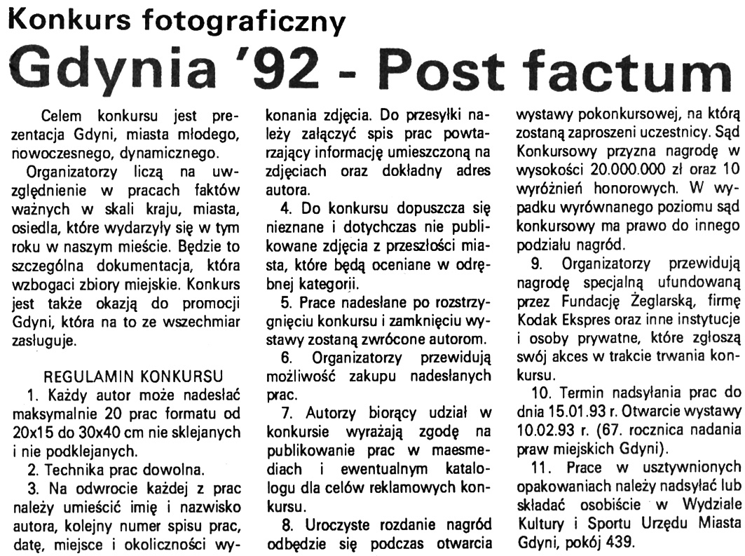 Gdynia '92 - Post factum. Konkurs fotograficzny // Kurier Gdyński. - 1992, nr 1 s. 4