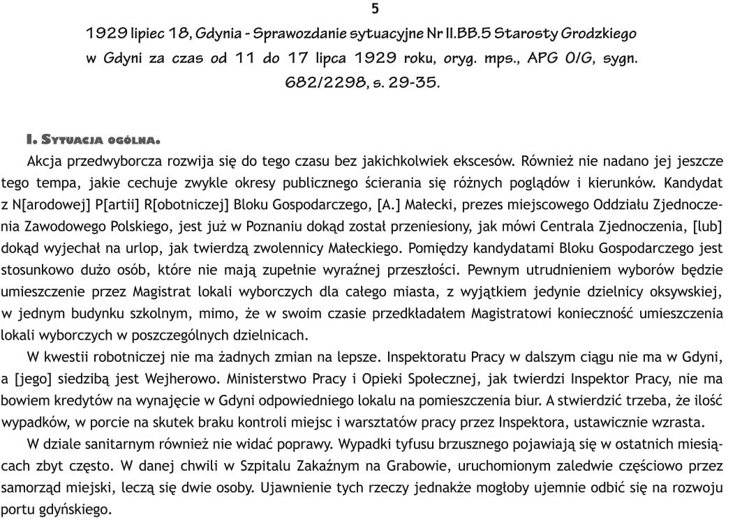 1929 lipiec 18 Gdynia - Sprawozdanie sytuacyjne Nr Nr II.BB.5 Starosty Grodzkiego w Gdyni za czas od 11 do 17 lipca 1929 roku, oryg. mps., APG O/G, sygn. 682/2288, s. 29-35