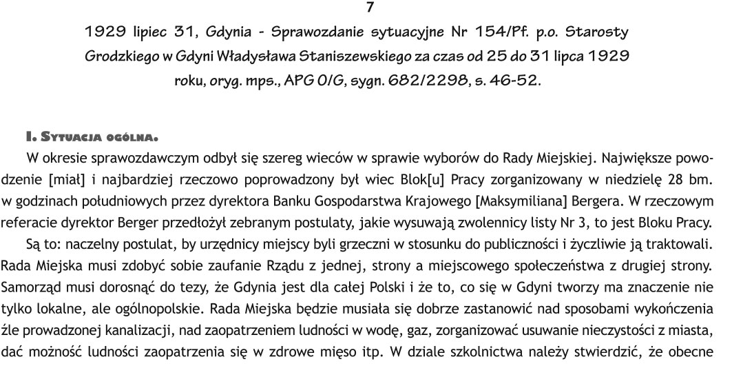 1929 lipiec 31, Gdynia - Sprawozdanie sytuacyjne Nr 154/Pf. p.o Starosty Grodzkiego w Gdyni Władysława Staniszewskiego za czas od 25 do 31 lipca 1929 roku, oryg. mps., APG O/G, sygn. 682/2298, s. 46-52