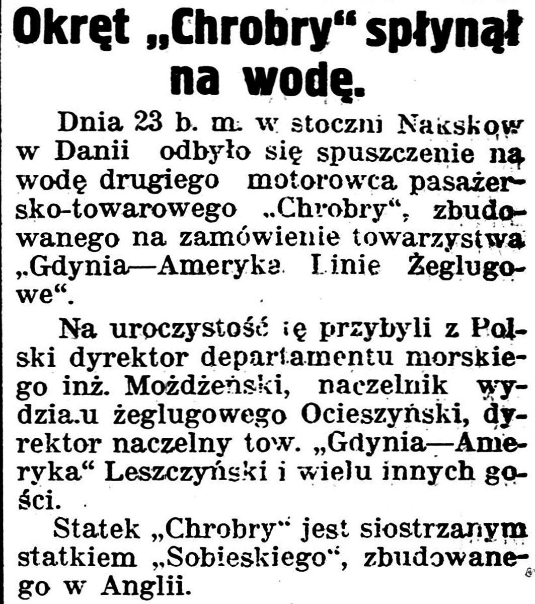 Okręt "Chrobry" spłynął na wodę // Gazeta Kartuska. - 1939, nr 24, s. 3