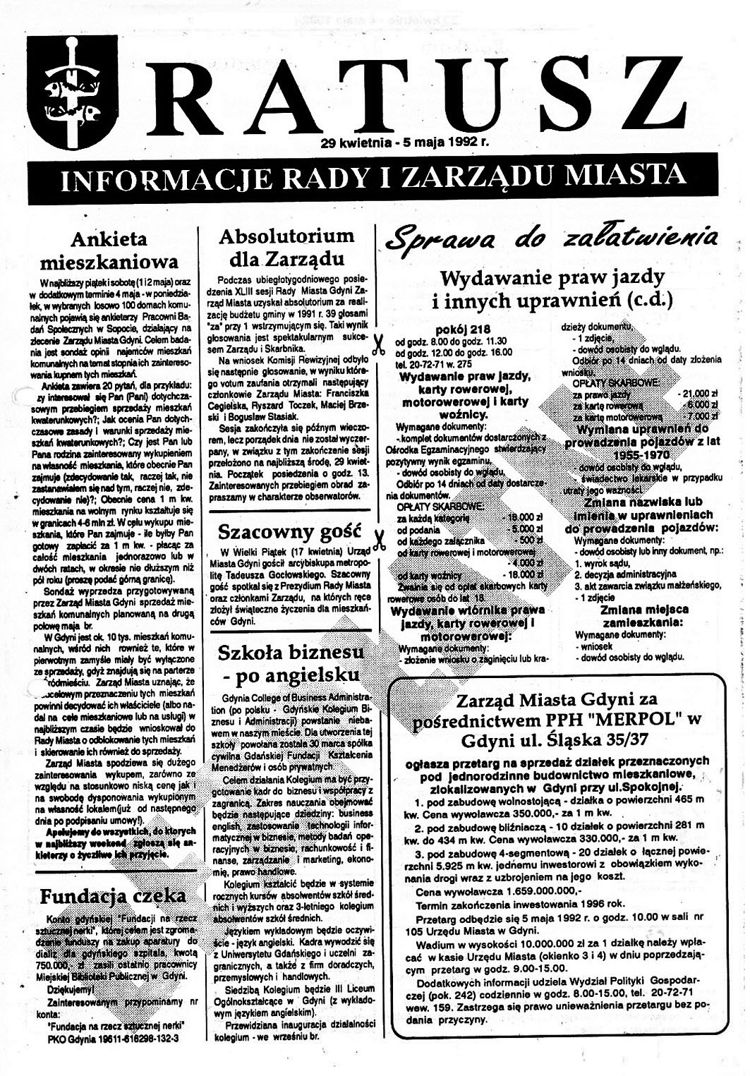 Ratusz. Informacje Rady i Zarządu Miasta. - 1992,