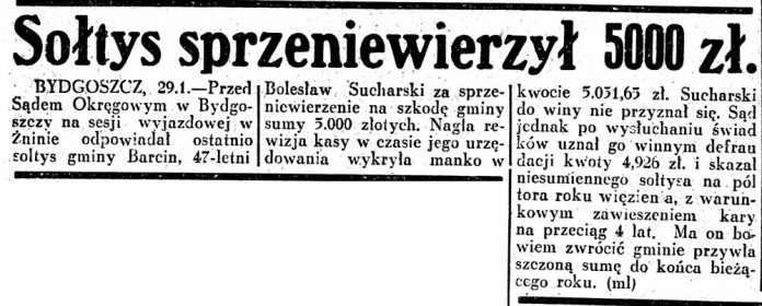 Sołtys sprzeniewierzył 5000 zł // (ml) / Dziennik Ilustrowany. - 1937, nr 30, s. 3