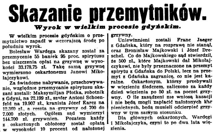 Skazanie przemytników. Wyrok w wielkim procesie gdyńskim // Gazeta Bydgoska 1933, nr 39, s.6