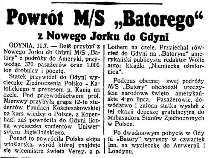 Powrót m/s Batory do Gdyni // Dzień Dobry 1939, nr 190
