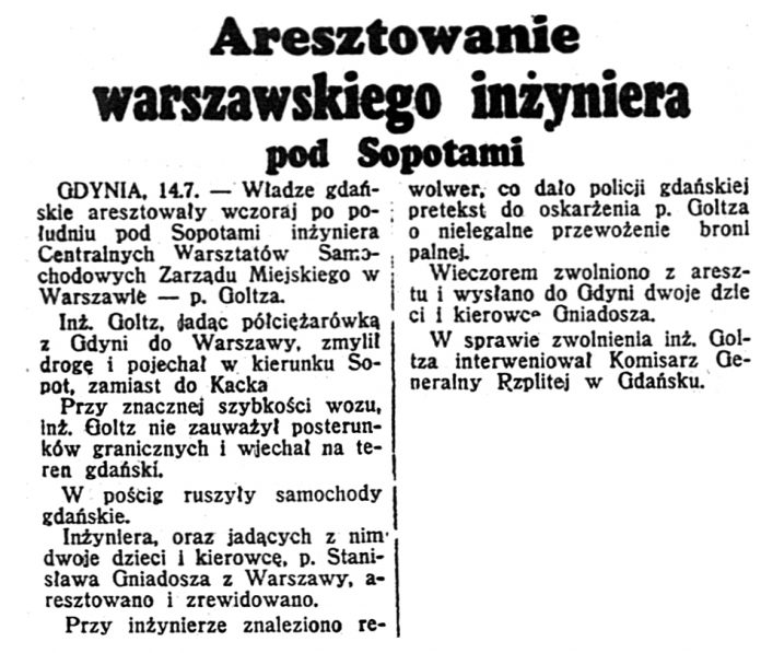 Aresztowanie warszawskiego inżyniera pod Sopotami // Dzień dobry. - 1939, nr 193, s. 12
