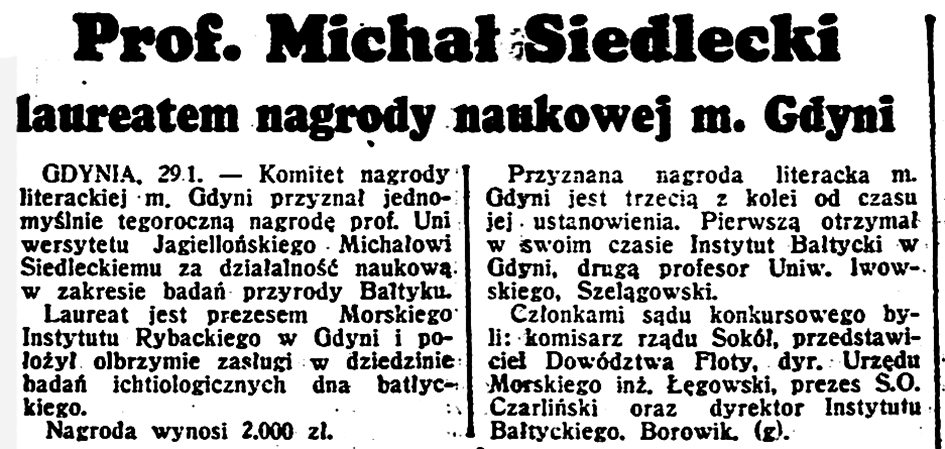 Prof. Michał Siedlecki laureatem nagrody naukowej m. Gdyni // Dzień Dobry. - 1939, nr 30