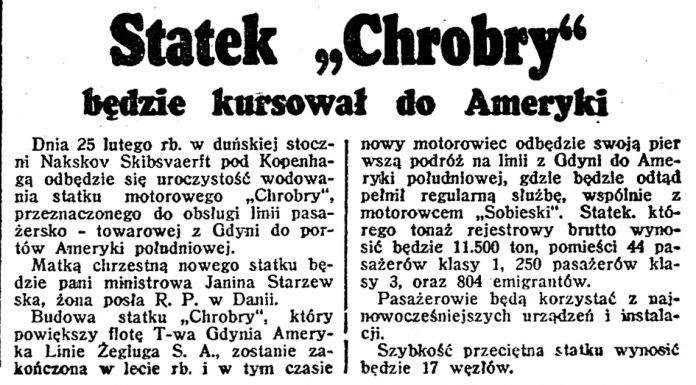 Statek Chrobry Będzie kursował do Ameryki // Dzień Dobry 1939, nr 40