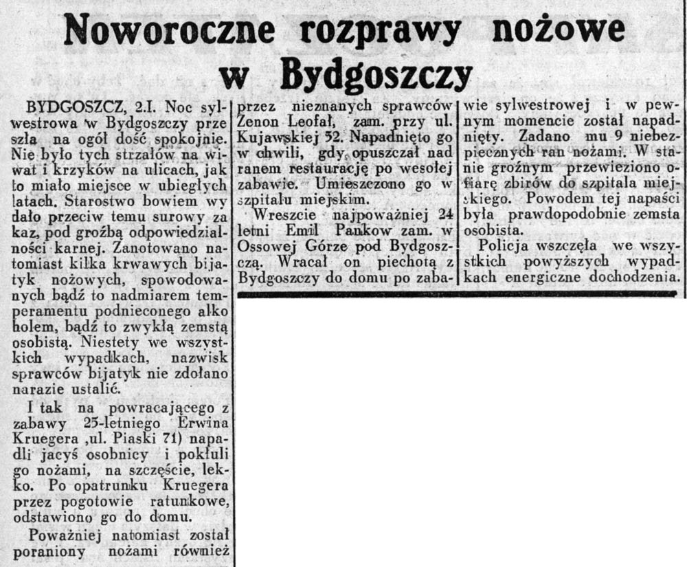 Noworoczne rozprawy nożowe w Bydgoszczy // Dziennik Ilustrowany. - 1937, nr 3, s. 3