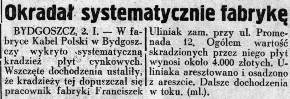 Okradał systematycznie fabrykę // Dziennik Ilustrowany. - 1937, nr 3, s. 3