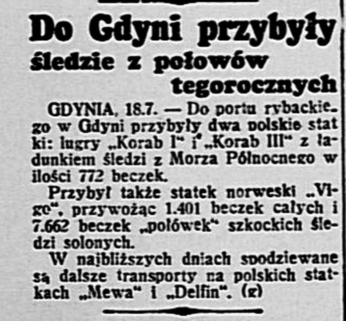 Do Gdyni przyszły śledzie z połowów tegorocznych // Dobry Wieczór-Kurjer Czerwony. - 1939, nr 196, s. 2