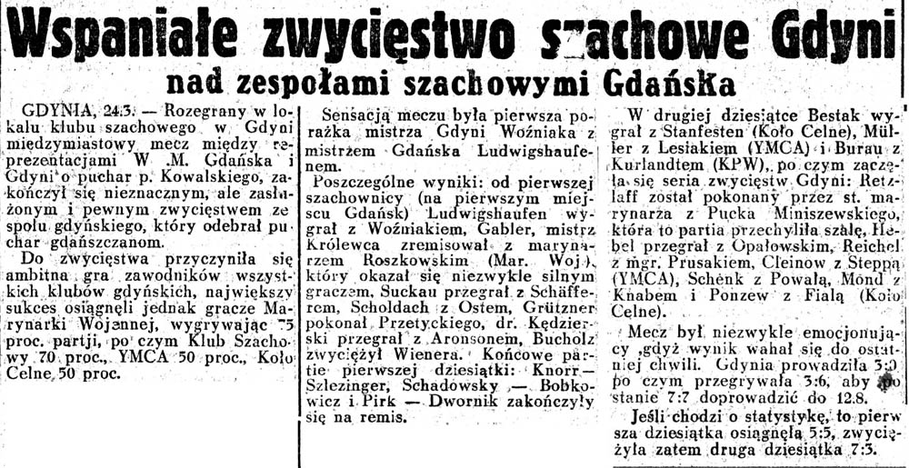 Wspaniałe zwycięstwo szachowe w Gdyni nad zespołami szachowymi z Gdańska// Dziennik-Ilustrowany-1937,-nr-37,-s.8