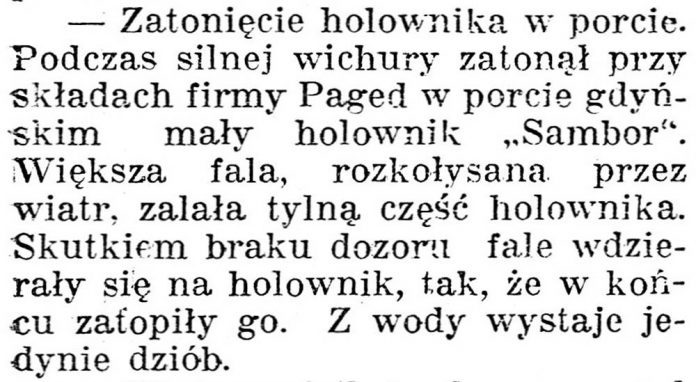 Zatonięcie holownika w porcie // Dziennik Poznański. - 1938, nr 294, s. 3