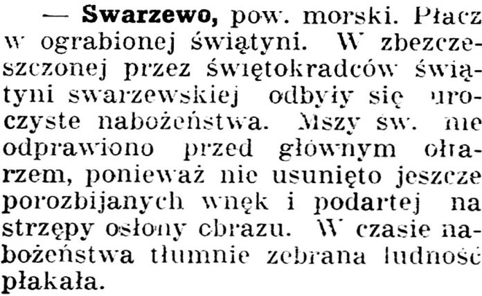 Swarzewo [Płacz w ograbione świątyni]Gazeta Grudziądzka 1936, nr 6, s.3