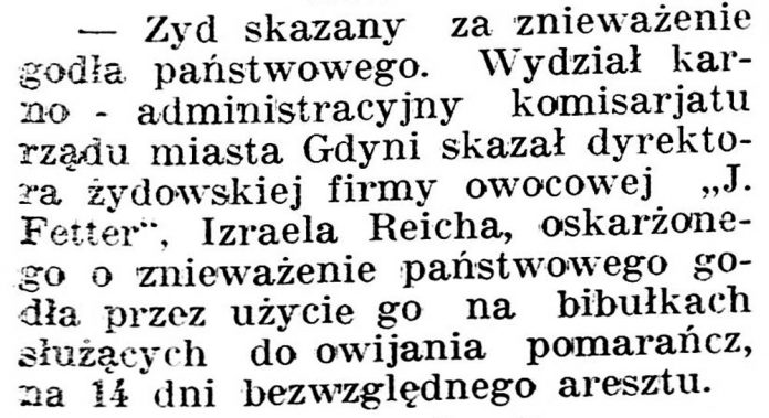 Żyd skazany za znieważenie godła państwowego // Gazeta Kartuska.-1936, nr 6, s. 3