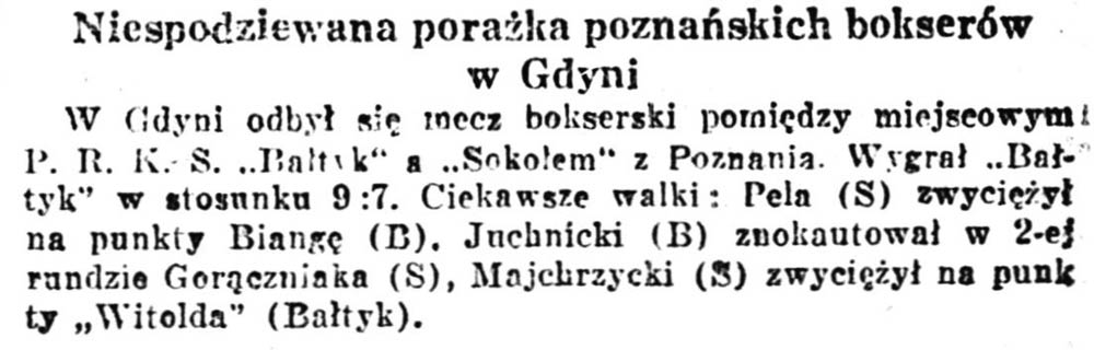 Niespodziewana porażka poznańskich bokserów w Gdyni // Kurjer Warszawski. - 1938, nr 318, s. 4