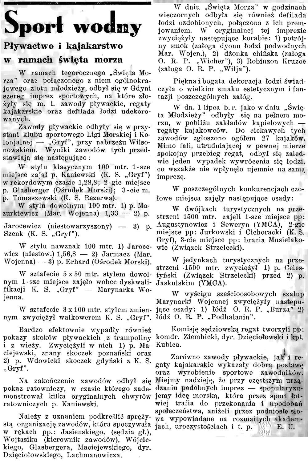 Sport wodny. Pływactwo i kajakarstwo w ramach święta morza / E.U. // Latarnia Morska. - 1934, nr 25, s. 8