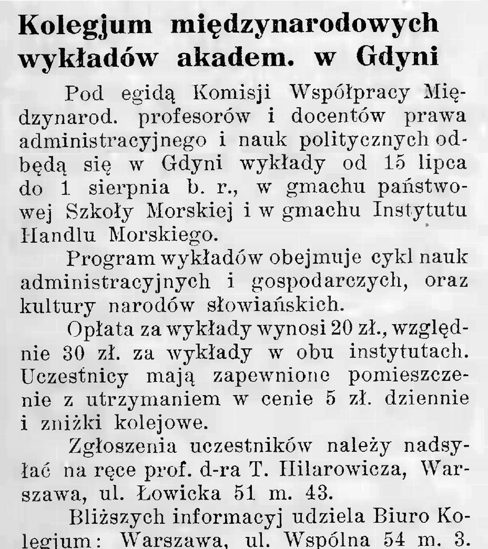 Kolegjum międzynarodowych wykładów akadem. w Gdyni // Latarnia Morska. - 1935, nr 25, s. 10