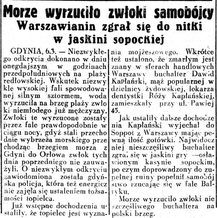 Morze wyrzuciło zwłoki samobójcy. Warszawianin zgrał się do nitki w jaskini sopockiej // Dziennik Ilustrowany. - 1937, nr 65, s. 8