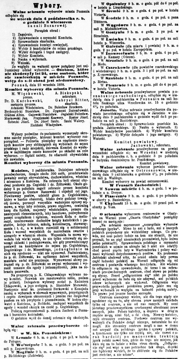 Wybory. W Chylonii 13 b.m. o godz. 10 przed poł. w oberży p. Voss // Dziennik Poznański. - 1898, nr 226, s. 2