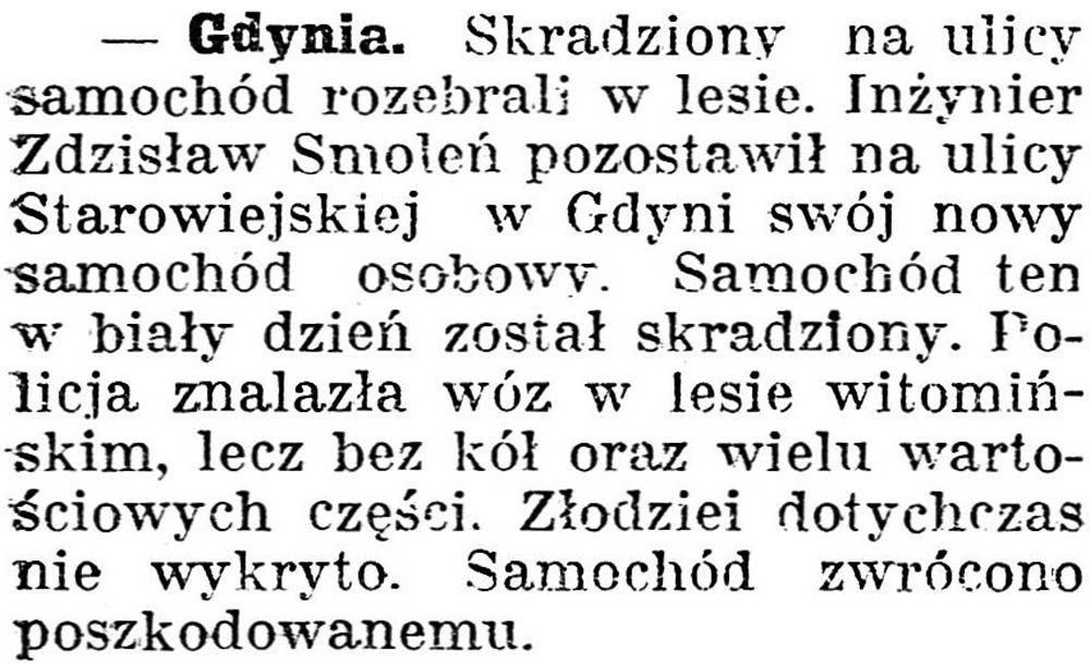 [Skradziony na ulicy samochód rozebrali w lesie] // Dziennik Poznański. - 1938, nr 294, s. 3