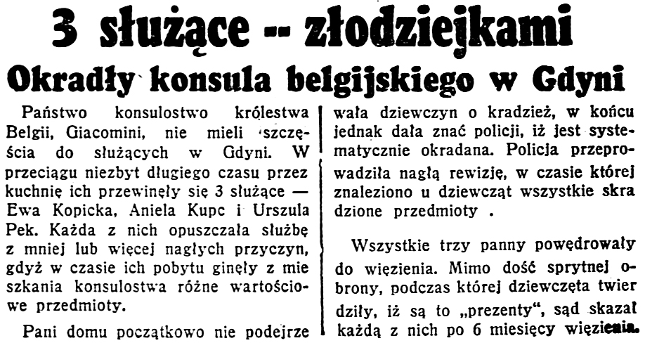 3 służące złodziejkami. Okradły konsula belgijskiego w Gdyni // Dzień Dobry. - 1938, nr 204, s. 5