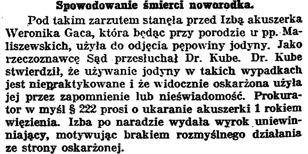 Spowodowanie śmierci noworodka // Gazeta Bydgoska. - 1925, nr 134, s. 2