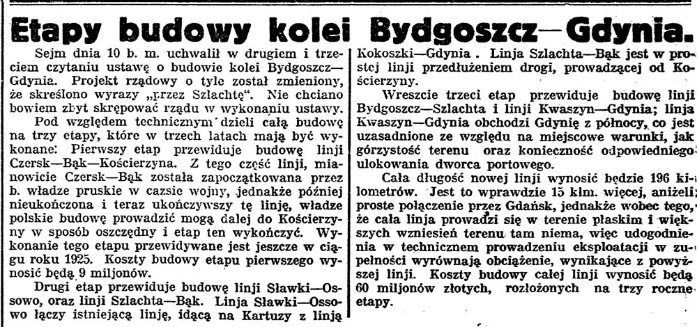 Etapy budowy kolei Bydgoszcz-Gdynia // Gazeta Bydgoska. - 1925, nr 134, s. 1