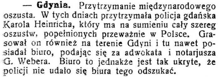 [Przetrzymanie międzynarodowego oszusta] // Gazeta Kartuska. - 1929, nr 74, s. 3
