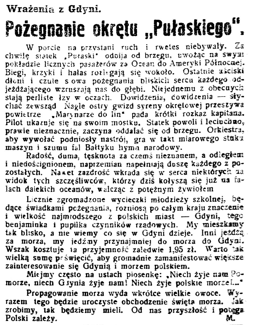 Pożegnanie okrętu "Pułaskiego". Wrażenia z Gdyni / M. // Gazeta kartuska. - 1933, nr 74, s. 3