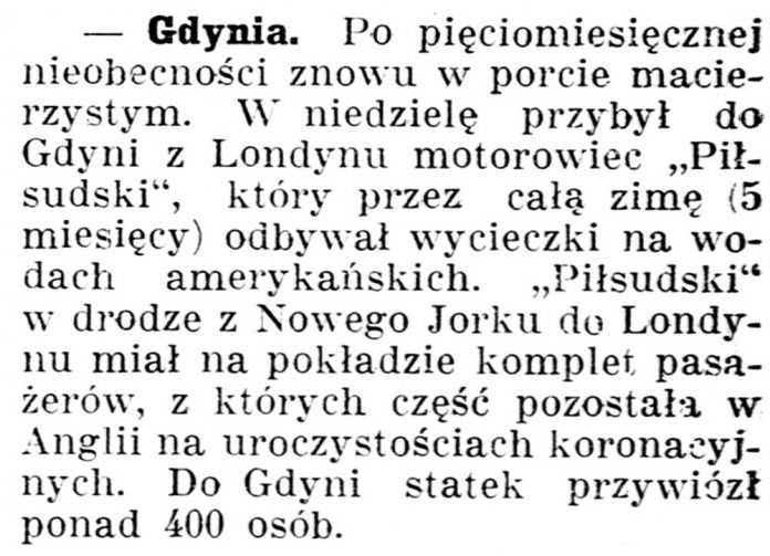 [Po pięciomiesięcznej nieobecności znowu w porcie macierzystym ...] // Gazeta Kartuska. - 1937, nr 60, s. 2