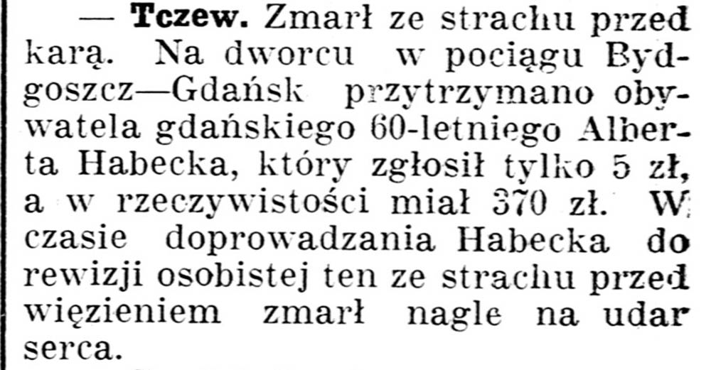 [Tczew. Zmarł ze strachu przed karą // Gazeta...] // Gazeta Kartuska. - 1937, nr 60, s. 2