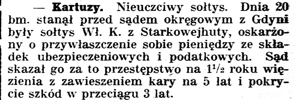 [Kartuzy. Nieuczciwy sołtys ...] // Gazeta Kartuska. - 1933, nr 74, s. 2
