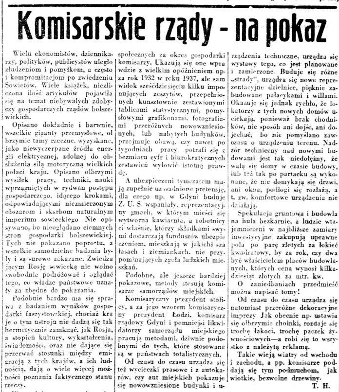 Komisarskie rządy - na pokaz // Gazeta Robotnicza. - 1937, nr 322, s. 9