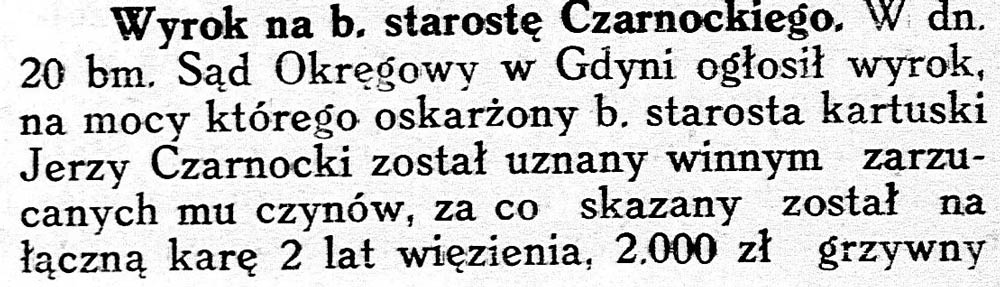 Wyrok na b. starostę Czarnockiego // Gwiazdka Cieszyńska. - 1937, nr 101, s. 2