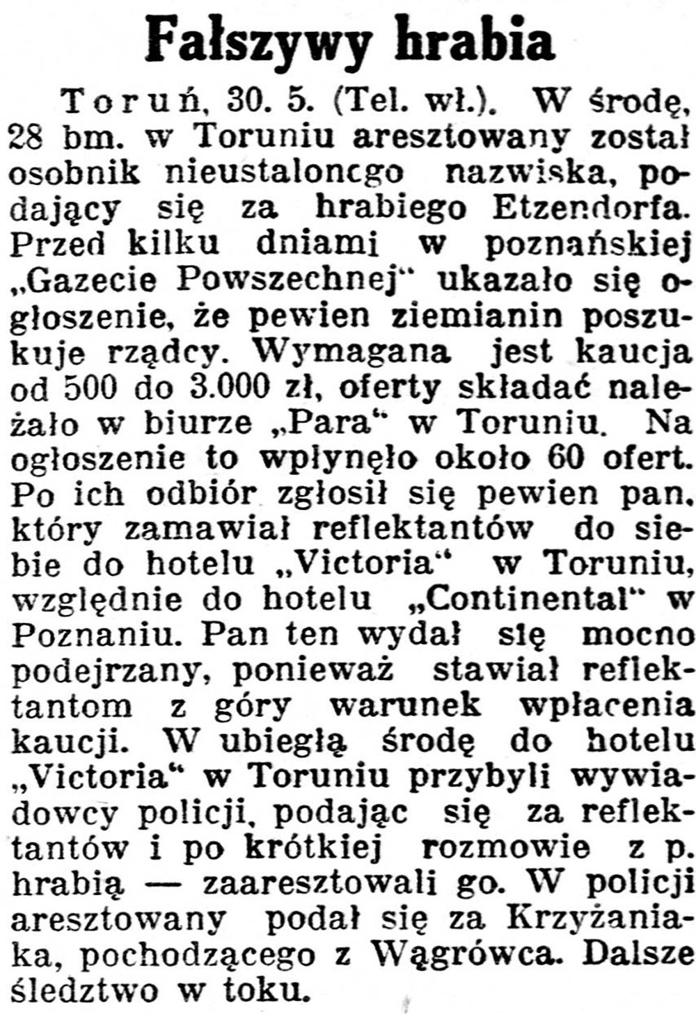 Fałszywy hrabia // Kurjer Poznański. - 1930, nr 248, s. 3