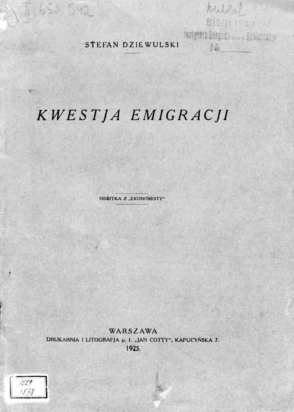 Kwestja Emigracji / Stefan Dziewulski. - Warszawa. - 1925