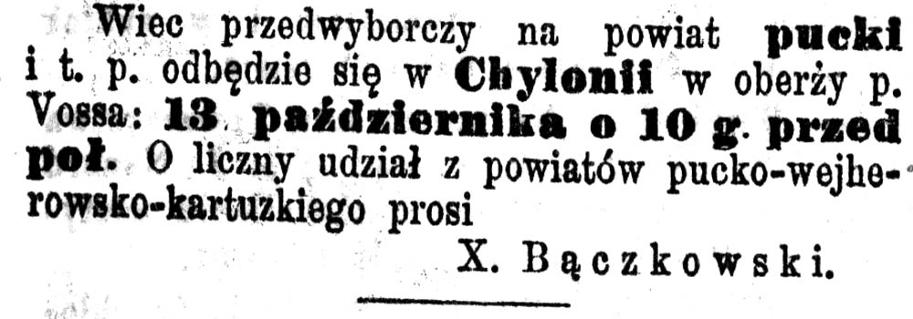 [Wiec przedwyborczy na powiat pucki i t. p. odbędzie się w Chylonii] // Pielgrzym. - 1898, nr 119, s. 1