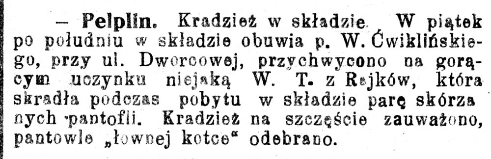 [Pelplin. Kradzież w składzie ...] // Pomorzanin. - 1929, nr 112, s. 2