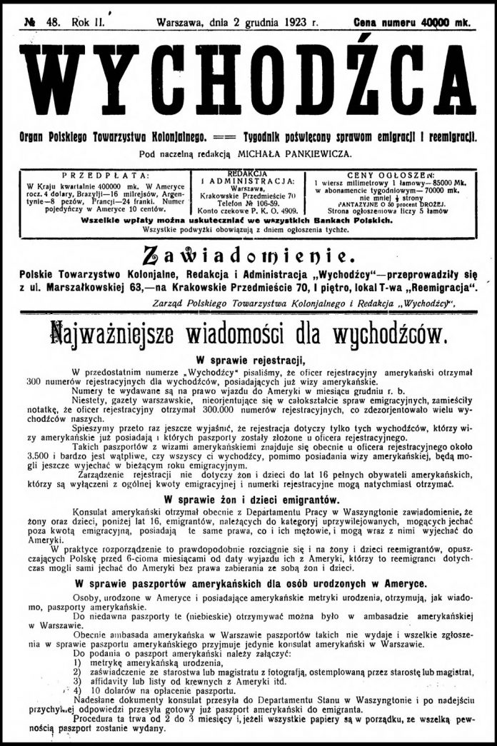 [1923, nr 48] Wychodźca. Organ Polskiego Towarzystwa Kolonjalnego. == Tygodnik poświęcony sprawom emigracji i reemigracji. - 1923, nr 48