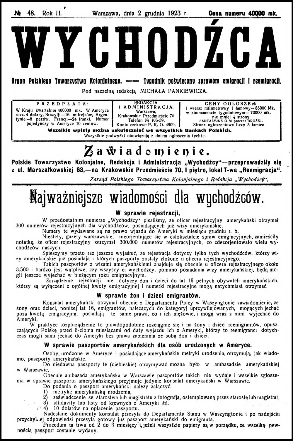 [1923, nr 48] Wychodźca. Organ Polskiego Towarzystwa Kolonjalnego. == Tygodnik poświęcony sprawom emigracji i reemigracji. - 1923, nr 48
