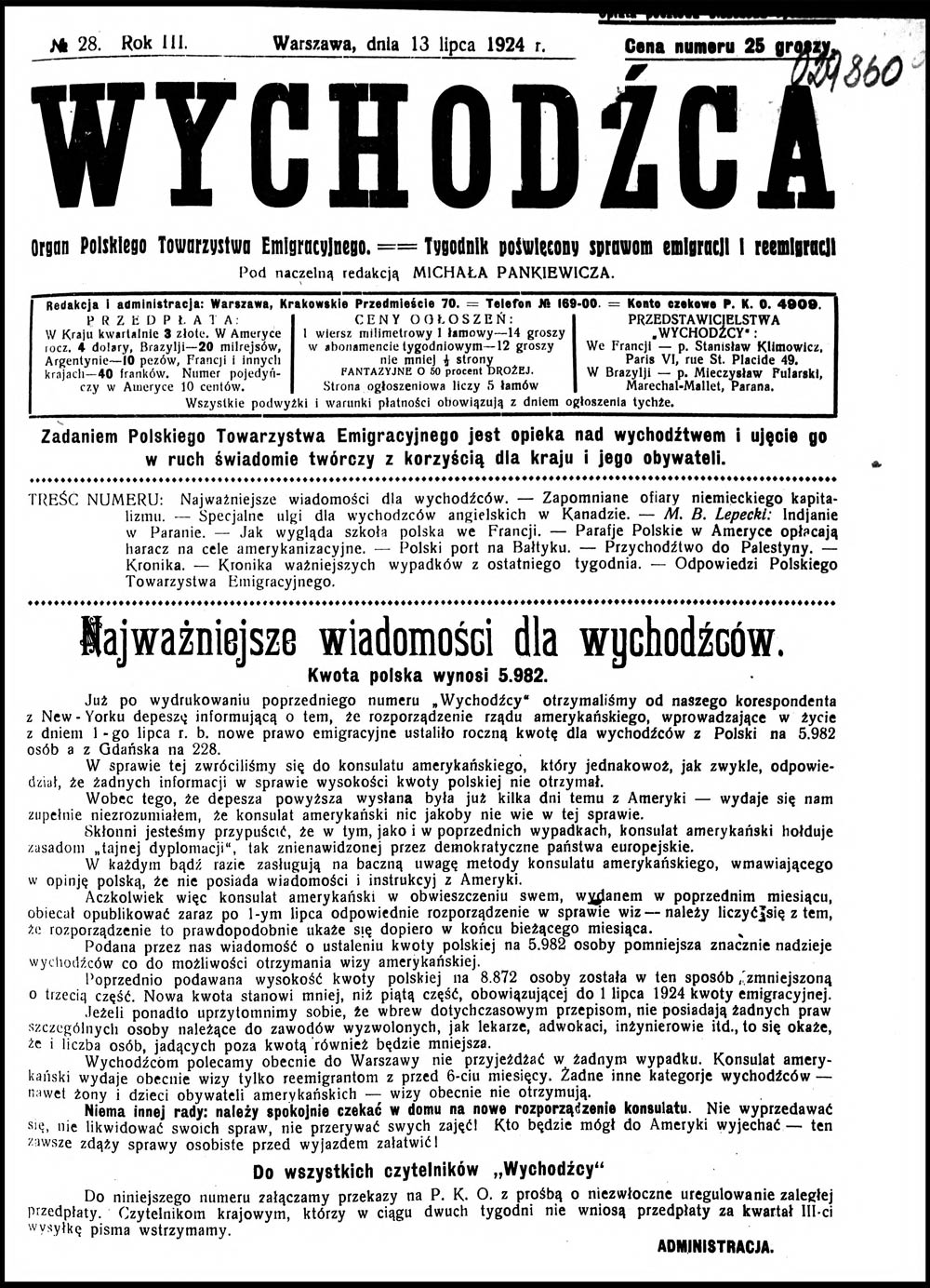 Wychodźca tygodnik poświęcony sprawom emigracji i reemigracji 1924, nr 28