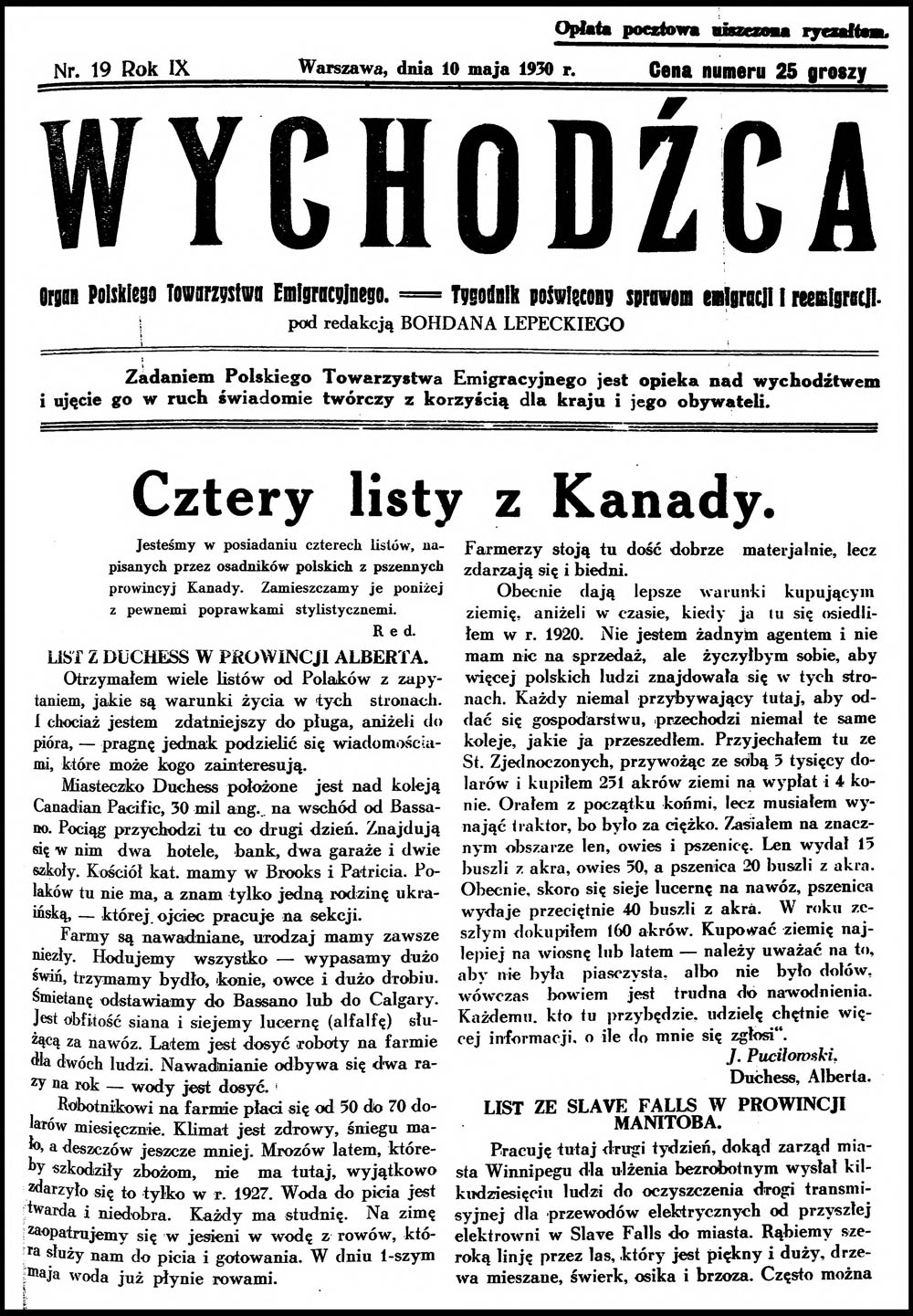 WYCHODŹCA. Organ Polskiego Towarzystwa Emigracyjnego == Tygodnik Poświęcony sprawom emigracji i reemigracji. - 1930, nr
