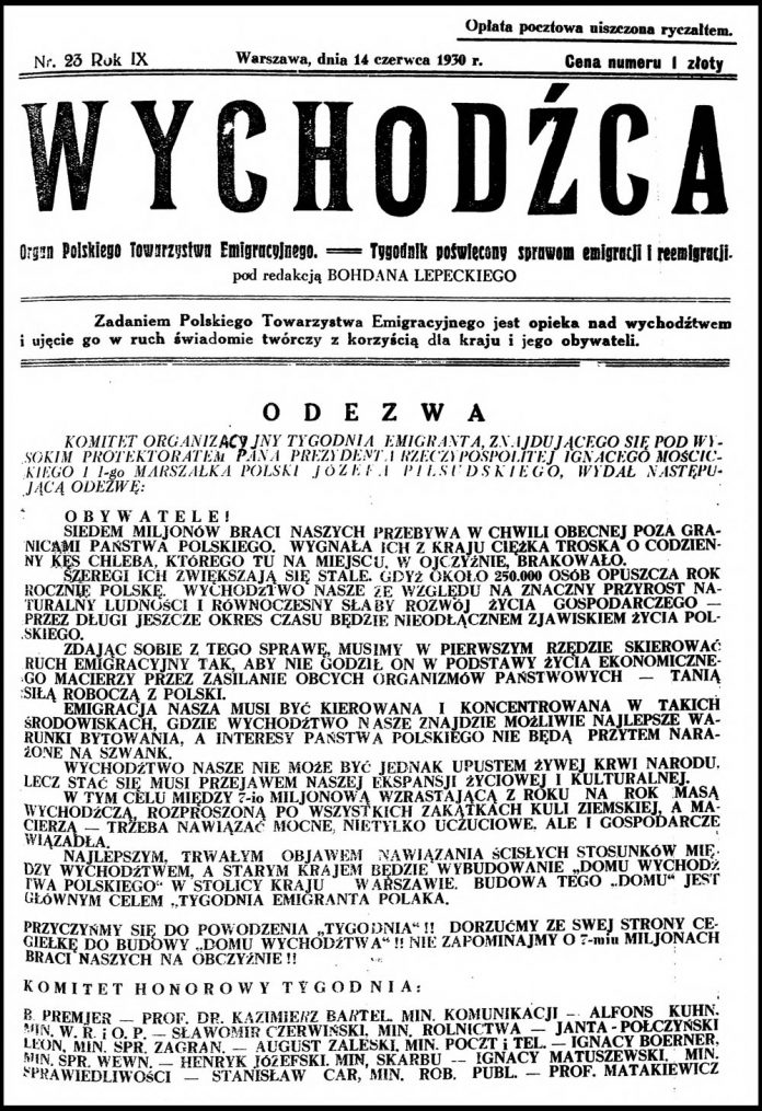 WYCHODŹCA. Organa Polskiego Towarzystwa Emigracyjnego == Tygodnik Poświęcony sprawom emigracji i reemigracji. - 1930, nr 23