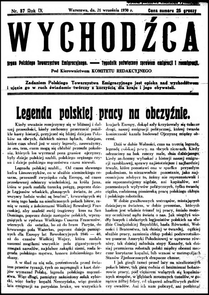 [1937, nr 37] Wychodźca. Organ Polskiego Towarzystwa Emigracyjnego - Tygodnik poświęcony sprawom emigracji i reemigracji. - 1930, nr 37