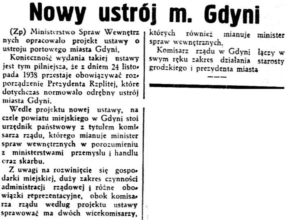 Nowy ustrój m. Gdyni // Dziennik Polski. - 1937, nr 294, s. 4