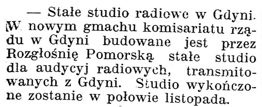 [Stałe studio radiowe w Gdyni] // Gazeta Kartuska. - 1938, nr 132, s. 3