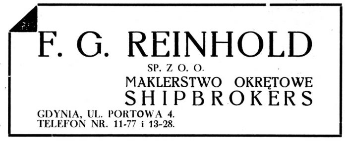 F.G. Reinhold SP. Z O. O. MAKLERSTWO OKRĘTOWE SHIPBROKERS GDYNIA, UL. PORTOWA 4