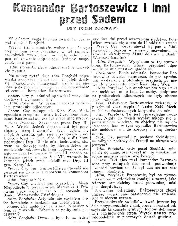 Komandor Bartoszewicz i inni przed Sądem (28 dzień rozprawy) // Rzeczpospolita.- 1926, nr 313, s. 8
