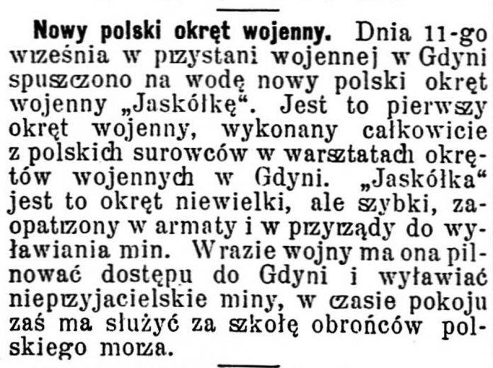 [ORP JASKÓŁKA] Nowy polski okręt wojenny // Gazeta Świąteczna. - 1934, nr 2799, s. 3