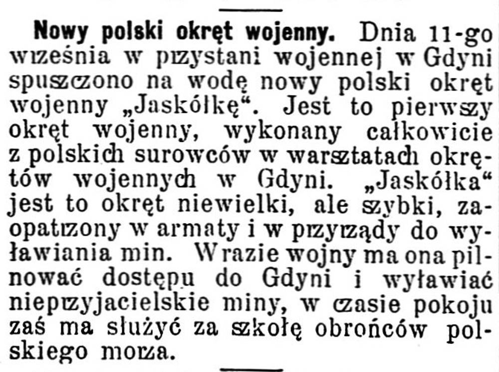 [ORP JASKÓŁKA] Nowy polski okręt wojenny // Gazeta Świąteczna. - 1934, nr 2799, s. 3